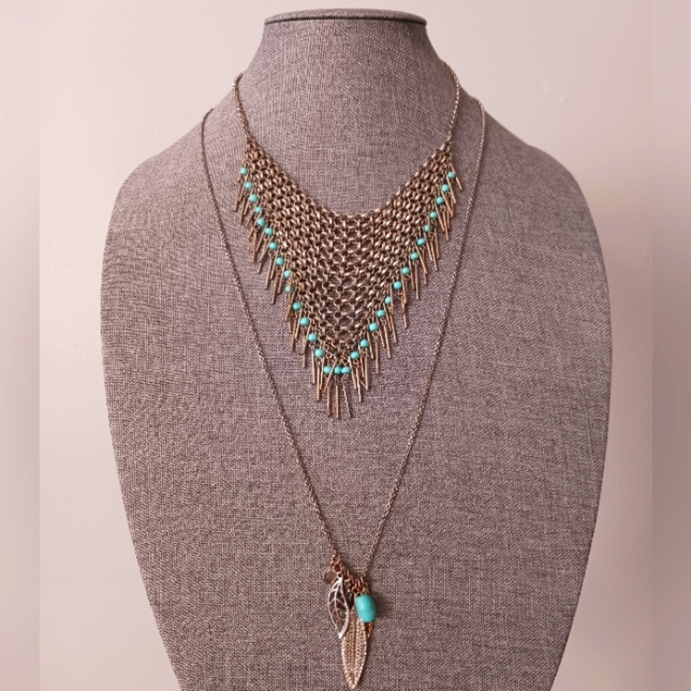 2 American Eagle Outfitters Southwestern Style Necklaces, Chain Mail + Feather